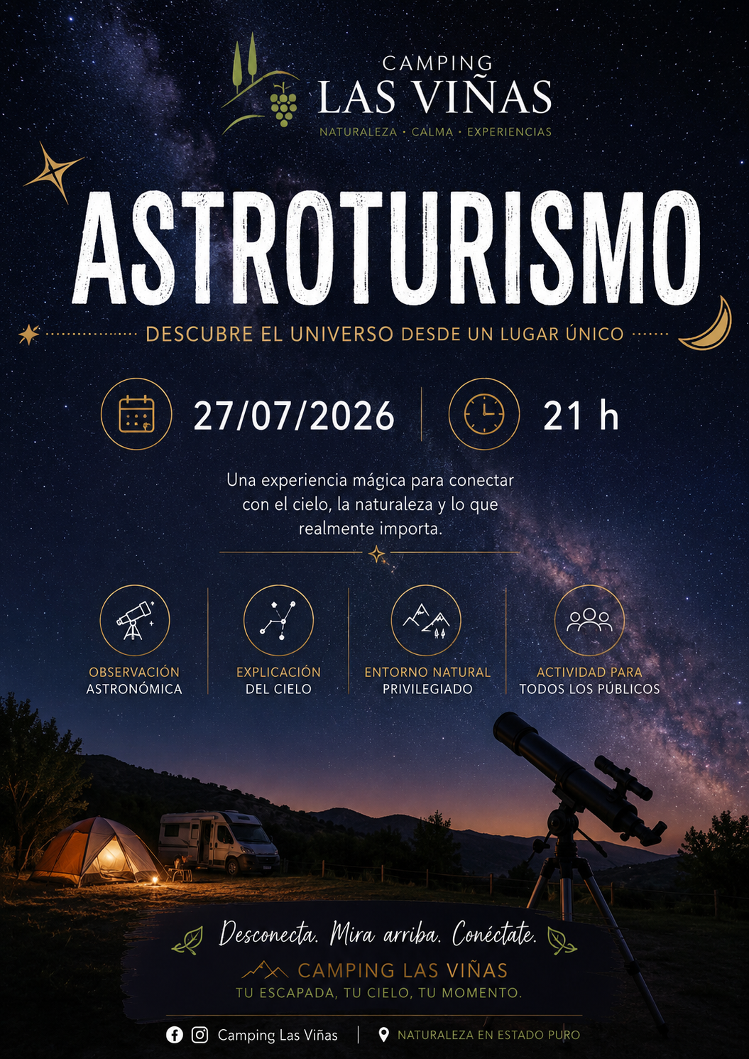 Cartel de la actividad de astroturismo en Camping Las Viñas
