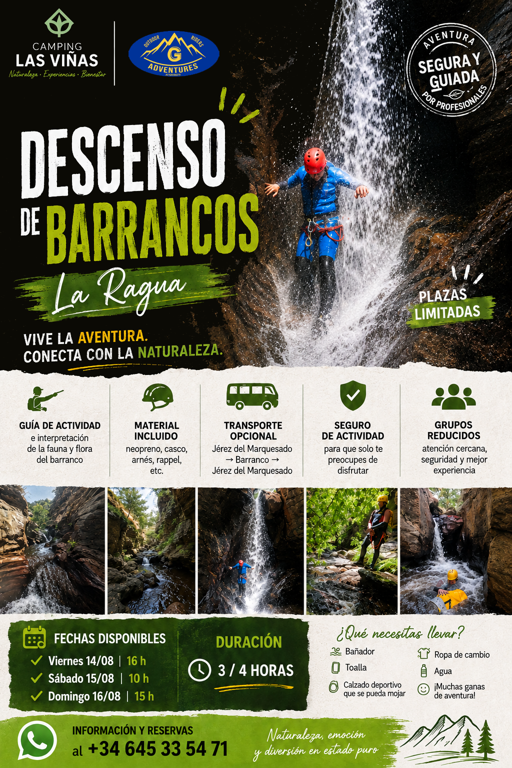 Cartel del descenso de barrancos en La Ragua organizado por Camping Las Viñas y G Adventures