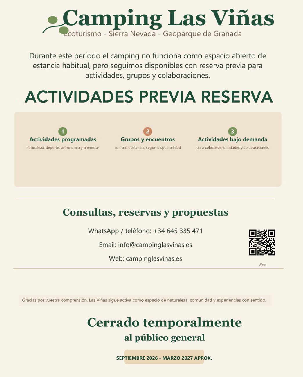 Aviso de cierre temporal de Camping Las Viñas